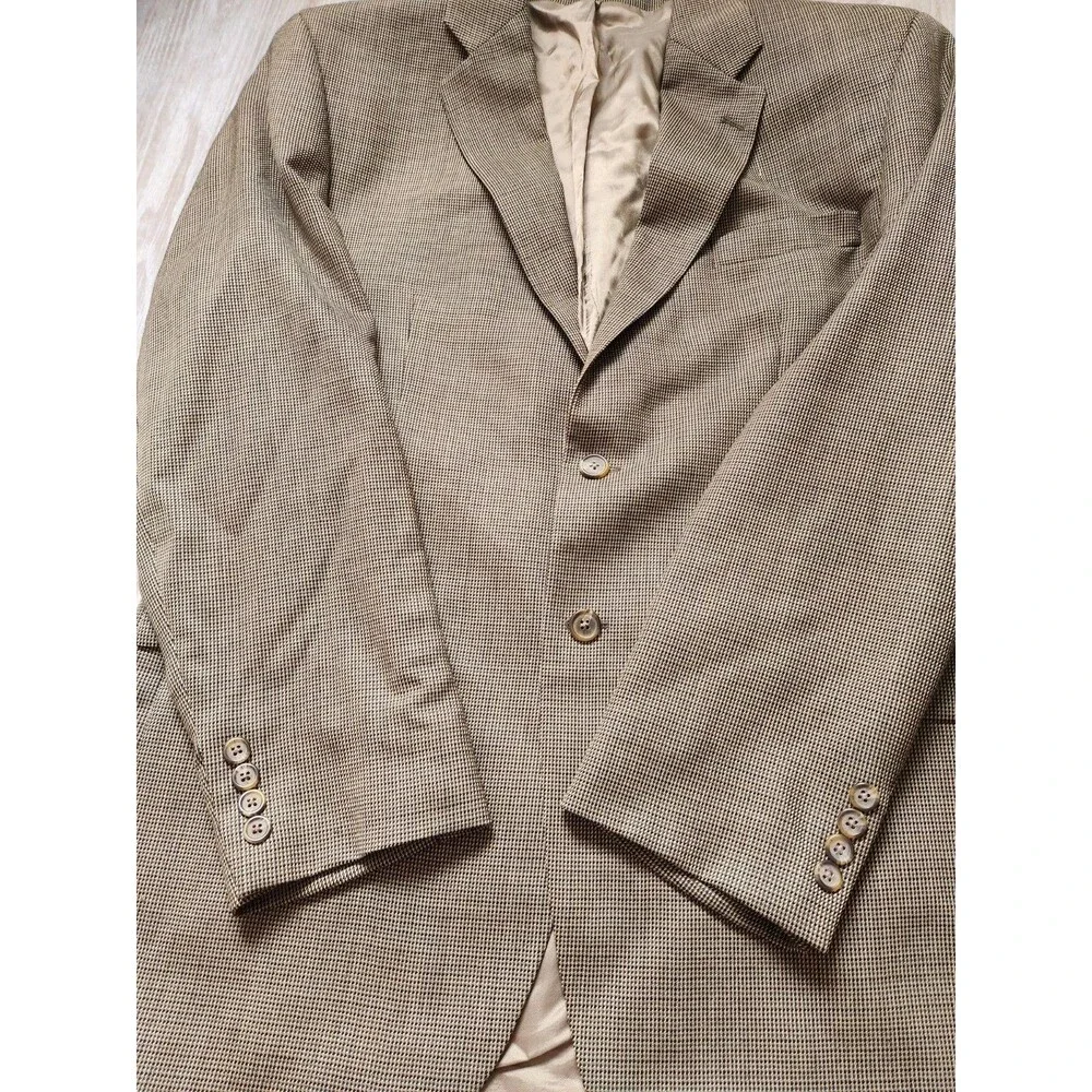 Chaps Ralph Lauren 100% Wool Houndstooth Double Breasted Blazer Brown Lined 44L